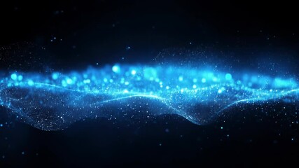 Poster - Blue glowing particles in waves, on a black background