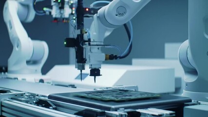 Poster - Automated White Robotic Arms Assembling Circuit Board on Production Line with a Clean Blue Tone Industrial Background