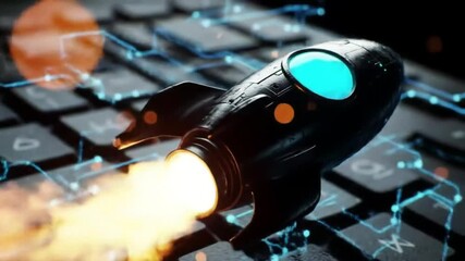 Poster - Black Rocket Launching from Keyboard with Orange Flames and Blue Glow Technological Advance