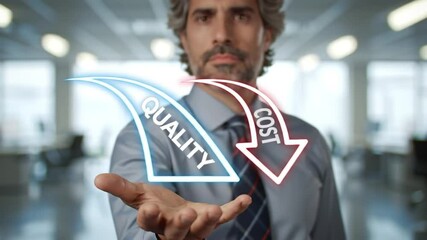 Poster - Businessman Presenting Arrows Indicating Quality and Cost Tradeoffs in a Modern Office Setting With Blurred Background