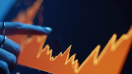 Poster - Close Up of Hand Interacting With Upward Trending Orange Graph on Dark Blue Digital Screen Displaying Growth and
