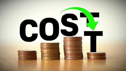 Poster - Cost Reduction Displayed with Stacked Coins and Downward Arrow on White Background