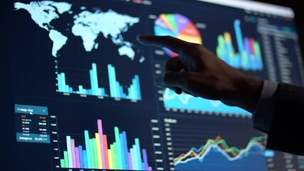 Poster - Finger Pointing at Computer Screen Displaying Colorful Global Data Analytics and Charts in Dark Room for Market
