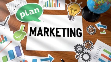 Poster - Marketing Plan Concept with Charts Gears and Light Bulb on Wooden Desk High Angle View