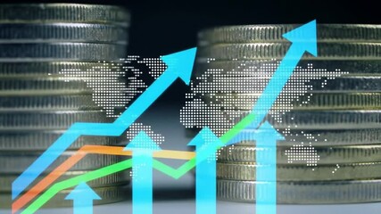 Poster - Stacks of Silver and Gold Coins with Upward Arrows and World Map Overlays Symbolizing Financial Growth on Dark