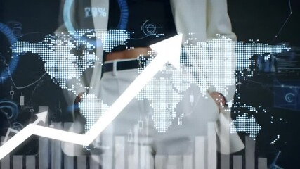 Poster - Woman in White Suit With World Map And Rising Bar Graph Overlay on Dark Background