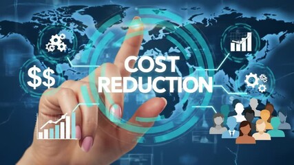 Poster - Woman Touching Cost Reduction Graphic on Blue Digital Screen Interface World Map
