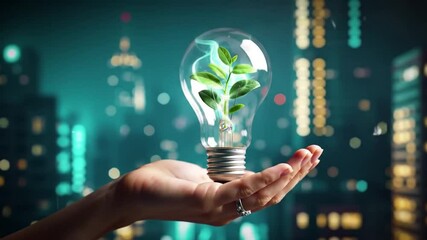 Poster - Woman's Hand Holding Glowing Light Bulb with Green Plant Inside at Night in Teal Cityscape Backdrop Clean Energy