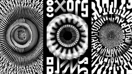 Poster - Abstract black and white graphic design with concentric circles and textural patterns.