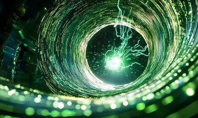 Fototapete - Exploring a futuristic green tunnel filled with digital patterns and glowing energy