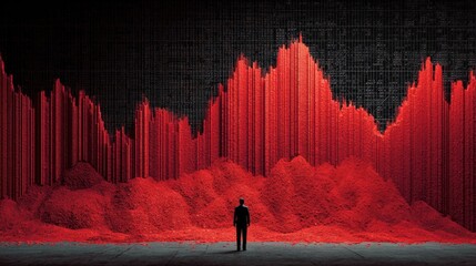 Poster - Abstract Digital Art Installation with Red Vertical Light Bars and Mountain-Like Structure Creating a Surreal and Futuristic Scene