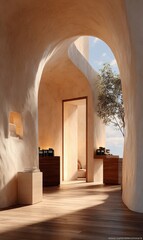 Poster - Modern architecturally designed interior space with smooth curved walls large arched window natural sunlight wooden floors and minimal decor