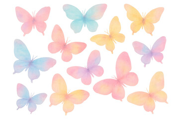 Poster - Soft pastel butterflies floating in pale pink, blue, yellow hues against translucent backdrop, evoking ethereal, delicate mood