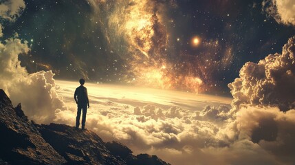Wall Mural - Silhouette of a person gazing at a starry sky with a nebula in the background