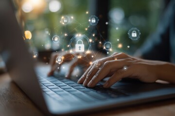 Poster - A person typing on their laptop with security icons floating above, indicating strong internet technology and data protection, including padlock symbols and network connections Generative AI