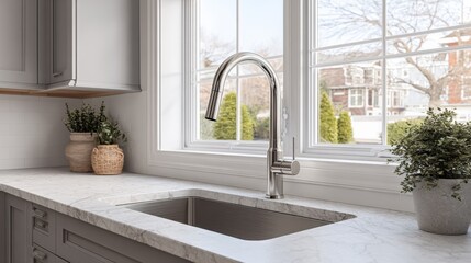 Poster - Modern kitchen sink with stainless steel faucet and white marble countertop near large window with outdoor view of trees and houses