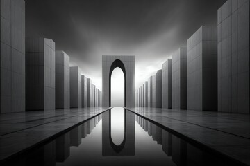 Aufkleber - Abstract futuristic architectural corridor with tall rectangular structures black and white high contrast design with reflective water surface and an arched opening in the background