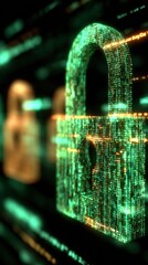 Poster - Digital padlock icon glowing green and yellow cybersecurity symbol representing data security protection in a high-tech environment