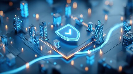 Fototapete - Futuristic digital cityscape with interconnected buildings, glowing lines, security shield icon, and neon lighting in a high-tech environment