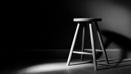 Poster - Minimalist wooden stool with three legs and shadow against dark wall with dramatic lighting for interior design or art photography projects