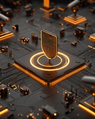 Poster - High-tech digital security concept with shield icon on futuristic circuit board illuminated by orange glow for data protection and cybersecurity