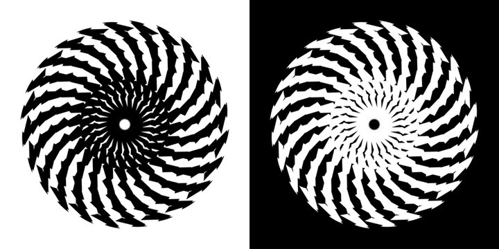 Abstract background with line pattern forming circle. Spiral art design as logo or icon. Black lines on white background and same white lines on black side. Mandala with line pattern.