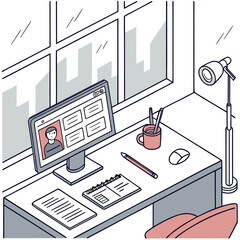 Poster - Modern isometric illustration of a clean desk setup with a computer displaying a profile page notebook pen mouse and a desk lamp near a large window with city skyline view