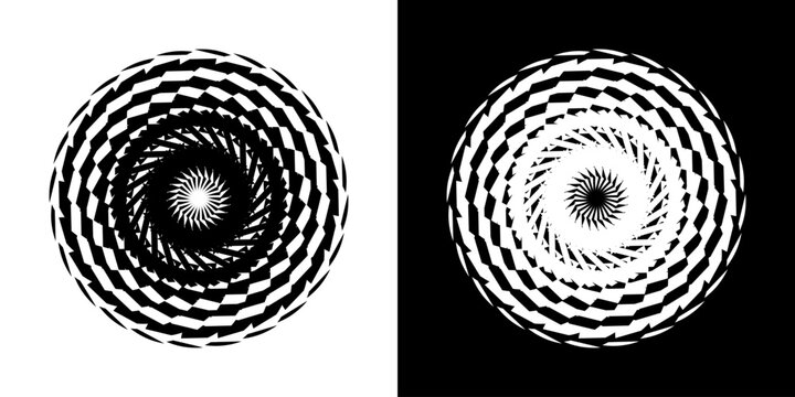 Abstract background with line pattern forming circle. Spiral art design as logo or icon. Black lines on white background and same white lines on black side. Mandala with line pattern.