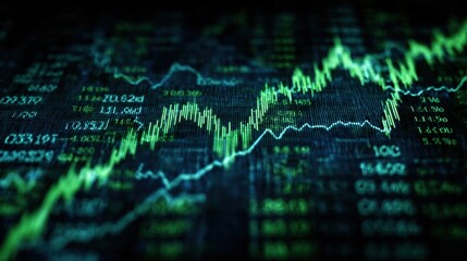 Aufkleber - Financial Stock Market Data Chart with Green Line Graphs and Numeric Trends Showing Investment Performance and Market Analysis