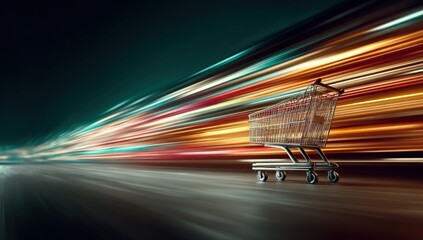 Poster - Long Exposure Motion Blur of Empty Shopping Cart on Dark Street with Light Trails at Night, High-Speed Urban Transportation Scene