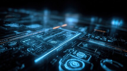 Poster - Futuristic digital interface hologram with glowing blue data elements and high-tech transparent screens for technology innovation and cyber security