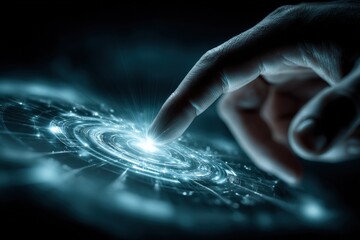 Poster - Futuristic digital interface with a human finger interacting with glowing data hologram and digital waves on high-tech touchscreen display