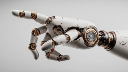 Poster - Highly detailed close-up of a futuristic white humanoid robot hand with mechanical joints and intricate design on a plain background