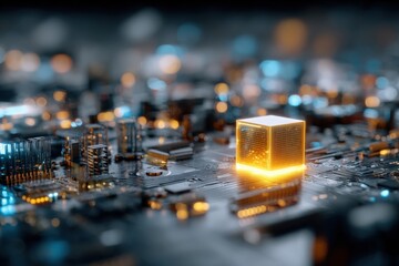 Poster - Close-up of a glowing gold and black microprocessor chip on a detailed circuit board with illuminated electronic components and intricate wi