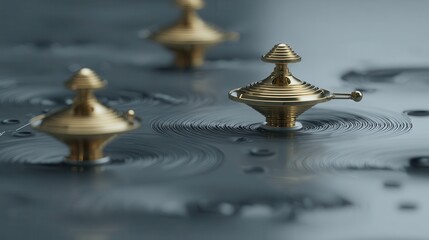 Poster - Golden spinning tops on a dark surface with swirling patterns.