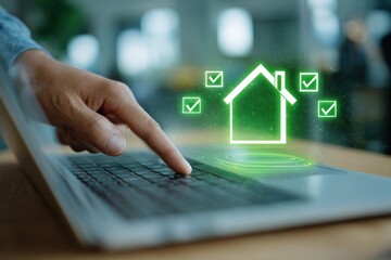 Aufkleber - Smart home technology concept with digital house icon and check marks on laptop for automation remote control and smart living