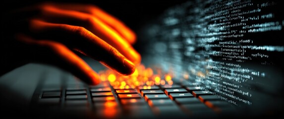 Fototapete - Advanced Cybersecurity Concept with Human Hand Interacting with Illuminated Keyboard and Digital Data Streams for Technology and Security Themes