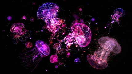 Poster - Vibrant jellyfish glowing in a dark underwater scene.