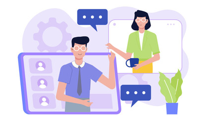 Poster - Two people having a virtual meeting on laptops, perfect for illustrating remote work, business communication, technology, and online meetings.