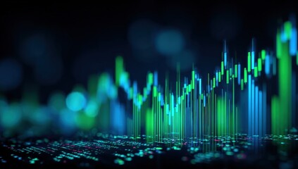 Aufkleber - Digital stock market chart with glowing green and blue lines showing upward trend and financial data analysis on dark background