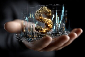 Poster - Digital Financial Technology Concept with Gold Dollar Sign Symbol and Stock Market Data Visualization in a Hand