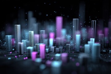 Poster - Futuristic cityscape at night with glowing skyscrapers in vibrant purple pink and blue illuminated neon lights digital art