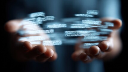 Poster - Hands Holding a Digital Screen with Moving Data and Abstract Binary Code in a Modern Technology Concept Scene for Future Innovation