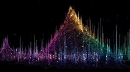 Poster - Abstract digital landscape with vibrant city and mountain forms.