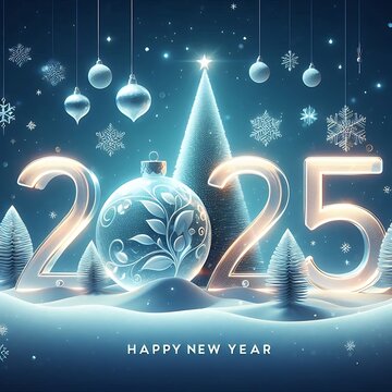 Happy New Year banner, 2025 number with clear and creative style Christmas tree, ball, snow, created with generative ai