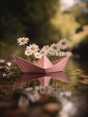 Poster - Delightful pink polka dot paper boat floating on calm water surrounded by blooming daisies in a peaceful natural outdoor setting du daytime