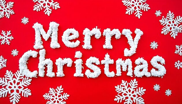 the word 'Merry Christmas' created using snow-textured font, surrounded by decorative snowflakes on a Red background, created with generative ai