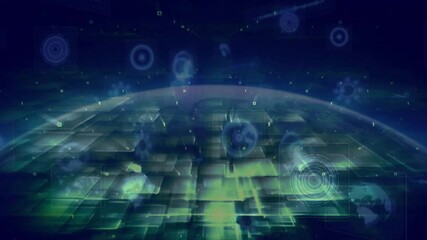 Poster - Grid plane emerging triggers data bits floating and grid panels shifting visualizing digital layers