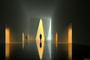 Poster - Futuristic modern corridor with dramatic lighting and reflective floor leading to mysterious bright doorway, minimalist design, atmospheric ambiance