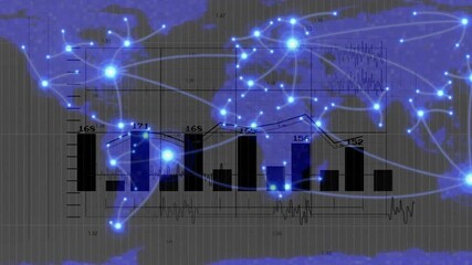 Poster - Bar chart arising, line graph and map fading showing labels updating and nodes connecting globally